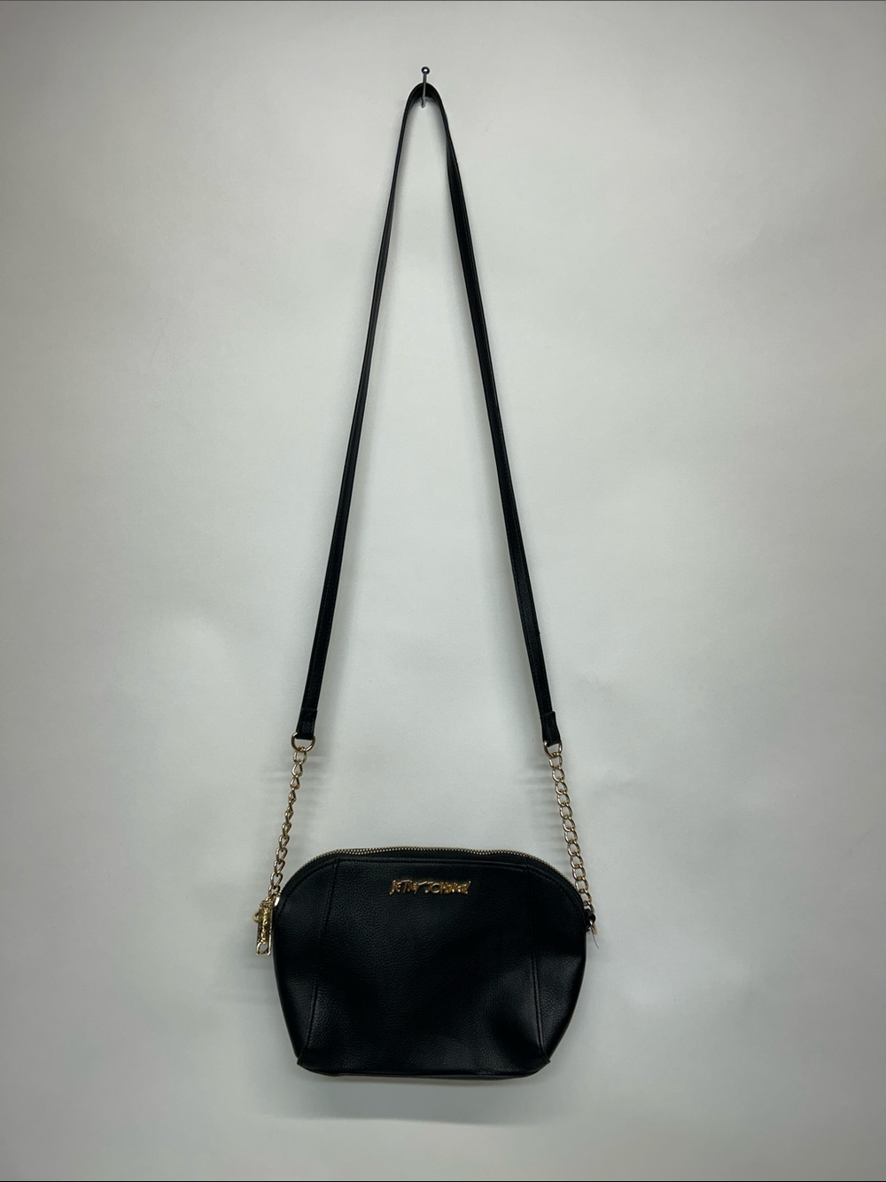 Betsy Johnson  Black Pebbled Leather Crossbody with Gold Chain